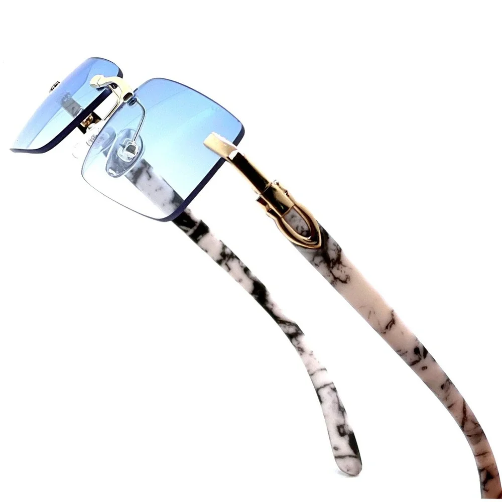 Rimless Rectangle Sunglasses Blue Lens Gold Accents Wood Grain Marble Arms Gafas